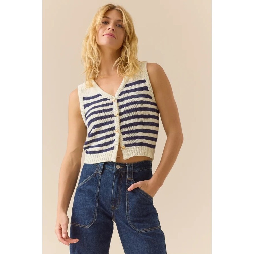 Altar'd State Striped Knit Sweater Vest Cream Black Gold Button V-Neck Size XS